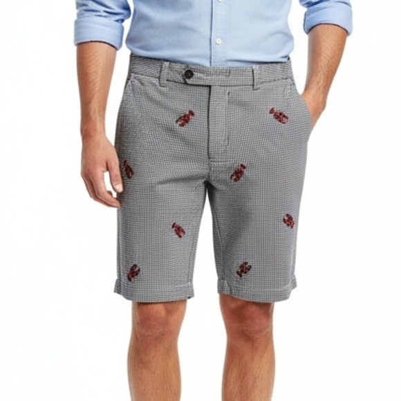 Brooks Brothers Shorts W34 White Dark Blue Gingham Lobster Print Nautical Preppy - Picture 1 of 14